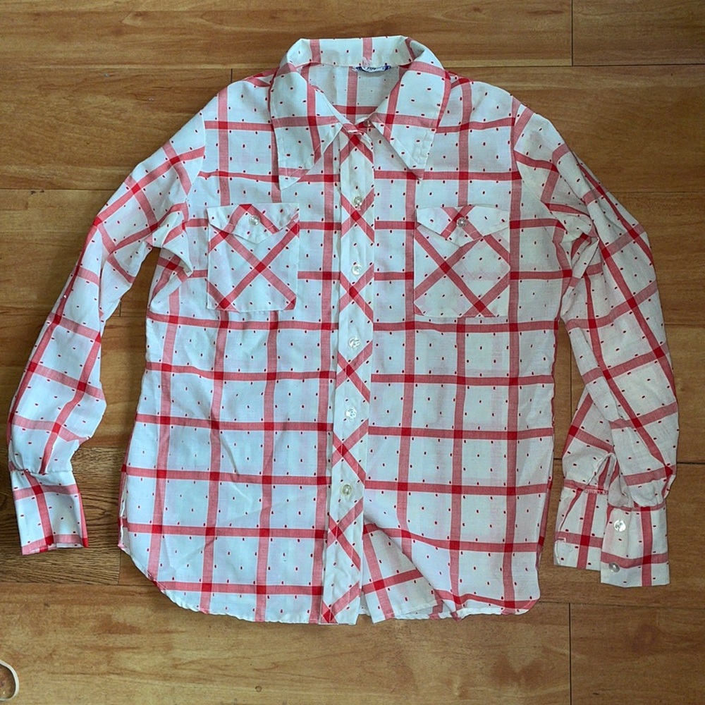 Vintage checks and Swiss dot vintage button down. Red and white, Med, Paquette.